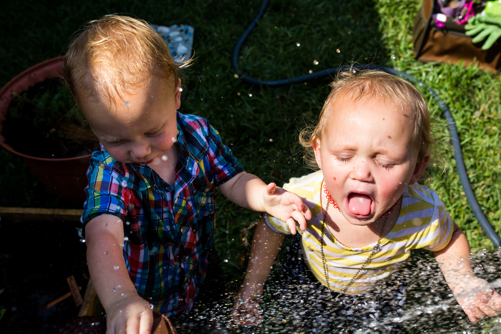 twin siblings play in a sprinkler